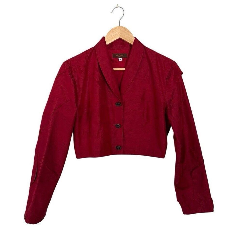 Vintage Han Feng NY 100% Silk Red Blazer Size 8 Made in USA Textured Weave